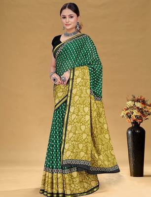 Teal green floral print muslin cotton saree with blouse. 3