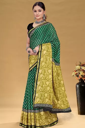 Teal green floral print muslin cotton saree with blouse.