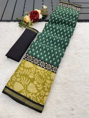 Teal green floral print muslin cotton saree with blouse. 5