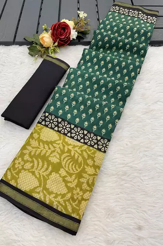 Teal green floral print muslin cotton saree with blouse.