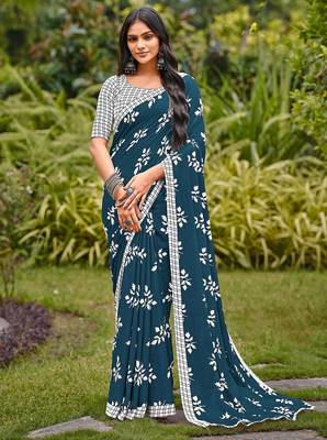Blue floral print soft pure cotton saree with blouse. 1