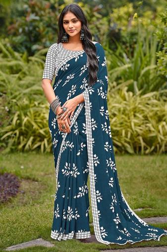 Blue floral print soft pure cotton saree with blouse.