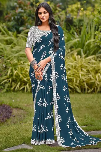 Blue floral print soft pure cotton saree with blouse.