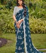 Blue floral print soft pure cotton saree with blouse.