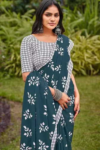 Blue floral print soft pure cotton saree with blouse.