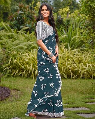 Blue floral print soft pure cotton saree with blouse. 3