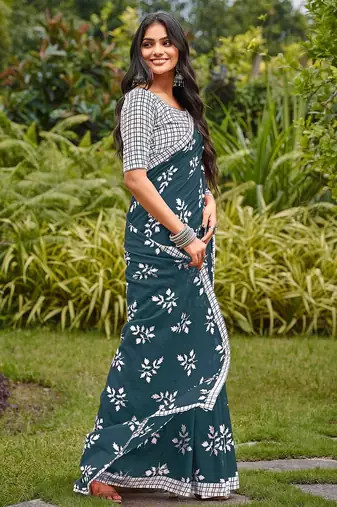 Blue floral print soft pure cotton saree with blouse.