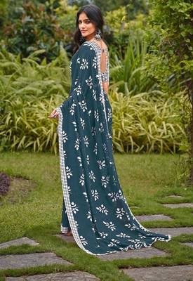 Blue floral print soft pure cotton saree with blouse. 4