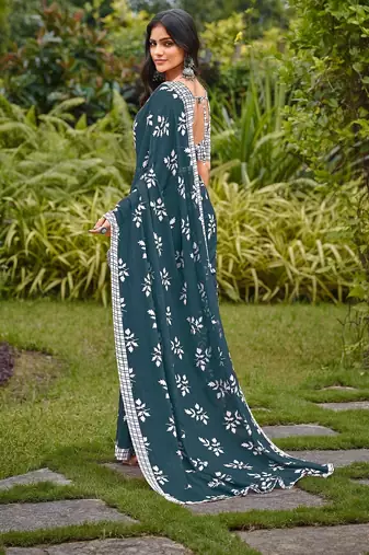 Blue floral print soft pure cotton saree with blouse.