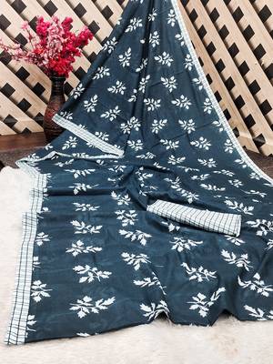 Blue floral print soft pure cotton saree with blouse. 5