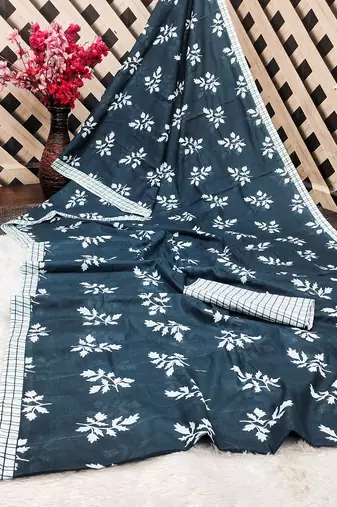 Blue floral print soft pure cotton saree with blouse.