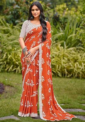 Rust floral print soft pure cotton saree with blouse. 1