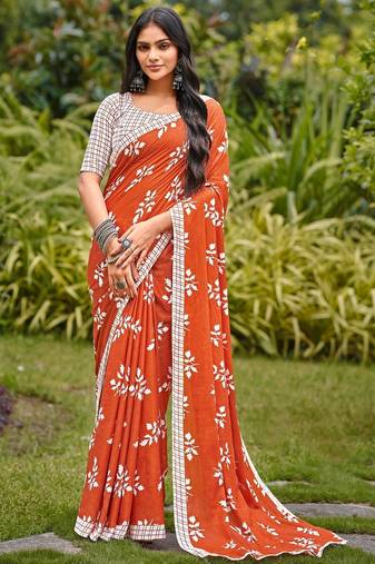 Rust floral print soft pure cotton saree with blouse.