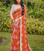 Rust floral print soft pure cotton saree with blouse.