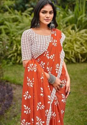 Rust floral print soft pure cotton saree with blouse. 2