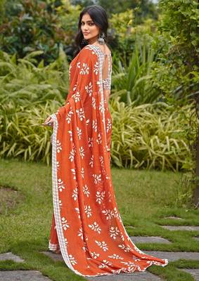 Rust floral print soft pure cotton saree with blouse. 4