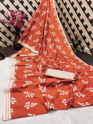 Rust floral print soft pure cotton saree with blouse. 5