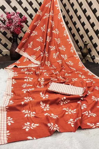Rust floral print soft pure cotton saree with blouse.