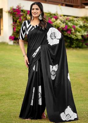 Black floral print soft pure cotton saree with blouse. 1