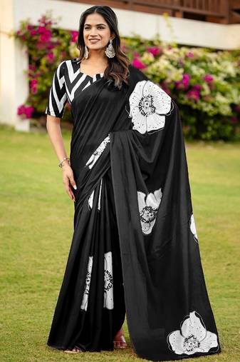 Black floral print soft pure cotton saree with blouse.