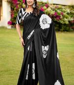 Black floral print soft pure cotton saree with blouse.