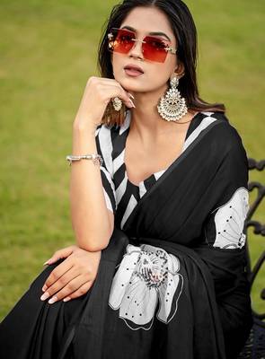 Black floral print soft pure cotton saree with blouse. 2