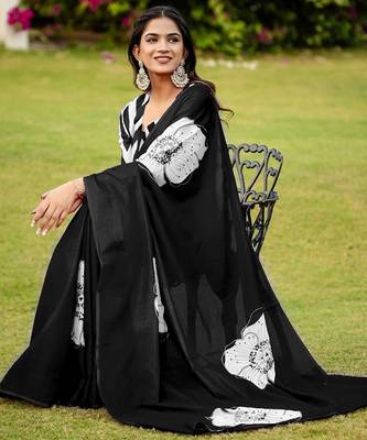 Black floral print soft pure cotton saree with blouse. 3