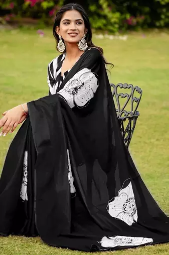 Black floral print soft pure cotton saree with blouse.