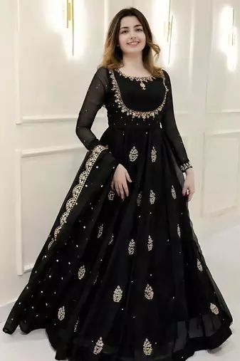 Elegant black embroidered georgette anarkali gown with dupatta – ethnic dress for women