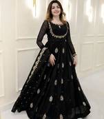  black embroidered georgette anarkali gown with dupatta     ethnic dress for women