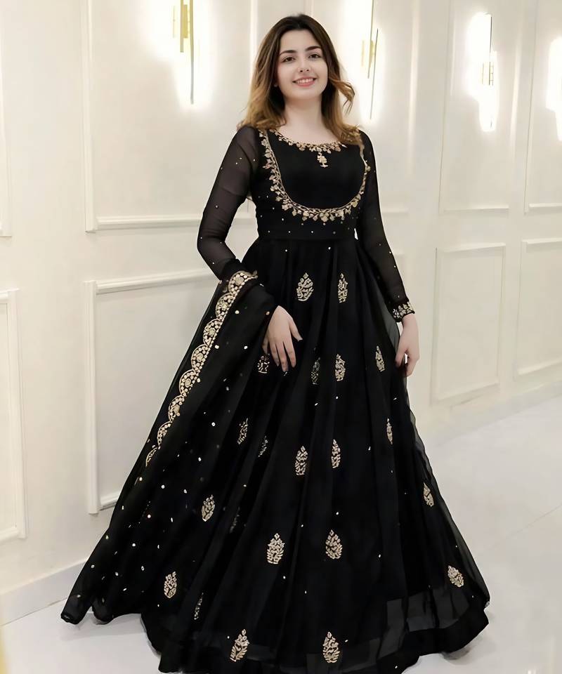 Elegant black embroidered georgette anarkali gown with dupatta – ethnic dress for women