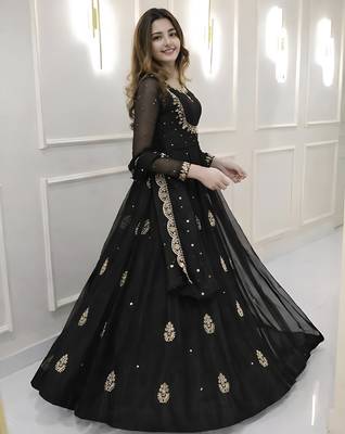  black embroidered georgette anarkali gown with dupatta     ethnic dress for women 2