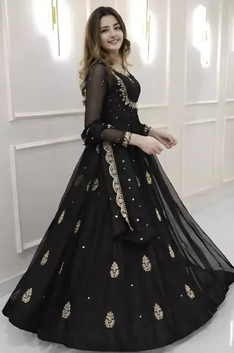  black embroidered georgette anarkali gown with dupatta     ethnic dress for women