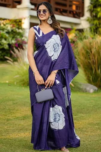 Blue floral print soft pure cotton saree with blouse.