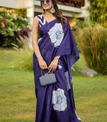 Blue floral print soft pure cotton saree with blouse.