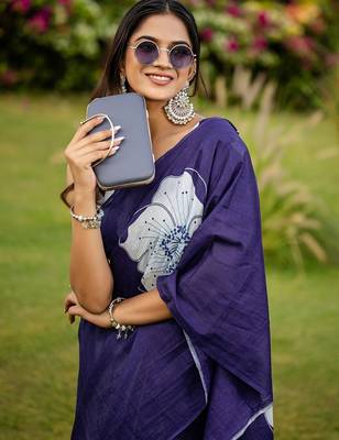 Blue floral print soft pure cotton saree with blouse. 2