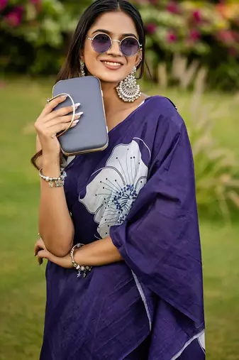 Blue floral print soft pure cotton saree with blouse.