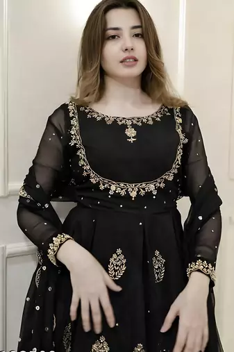  black embroidered georgette anarkali gown with dupatta     ethnic dress for women