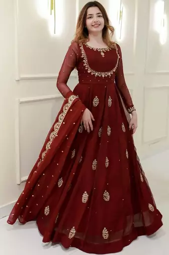 Elegant maroon embroidered georgette anarkali gown with dupatta – ethnic dress for women