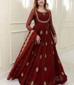  maroon embroidered georgette anarkali gown with dupatta     ethnic dress for women