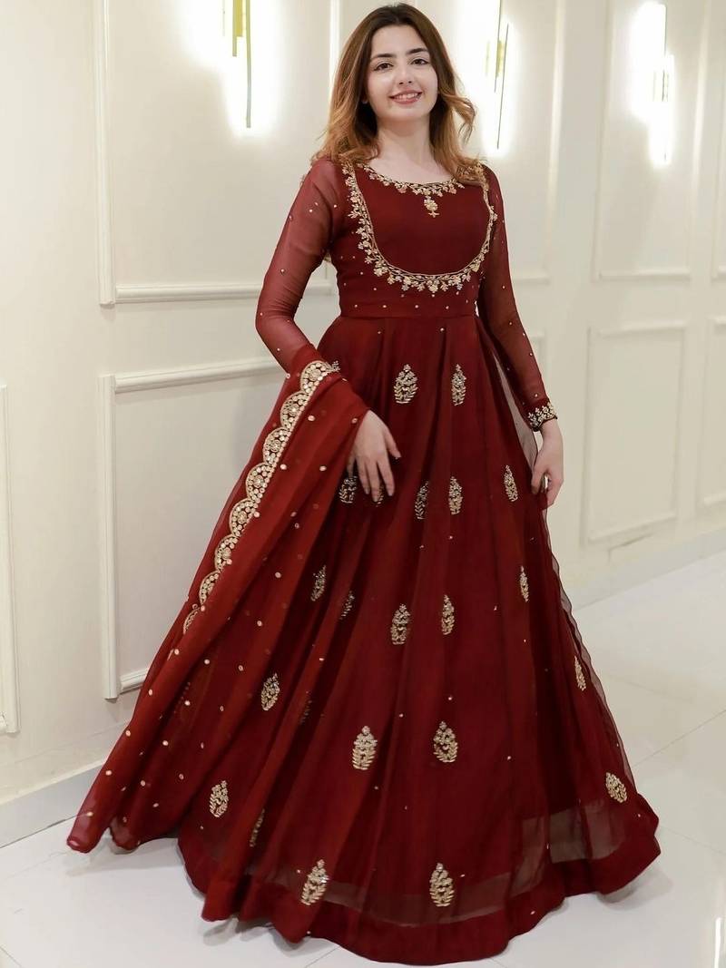 Elegant maroon embroidered georgette anarkali gown with dupatta – ethnic dress for women