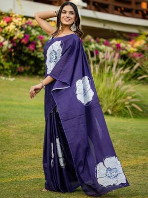Blue floral print soft pure cotton saree with blouse. 3