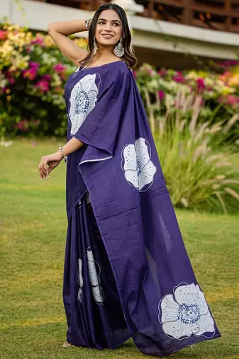 Blue floral print soft pure cotton saree with blouse.