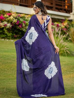 Blue floral print soft pure cotton saree with blouse. 4