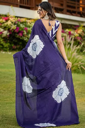 Blue floral print soft pure cotton saree with blouse.