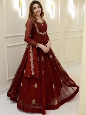  maroon embroidered georgette anarkali gown with dupatta     ethnic dress for women 2