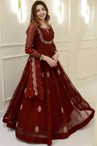  maroon embroidered georgette anarkali gown with dupatta     ethnic dress for women