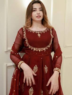  maroon embroidered georgette anarkali gown with dupatta     ethnic dress for women 4