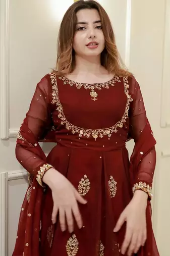  maroon embroidered georgette anarkali gown with dupatta     ethnic dress for women