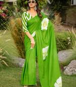 Green floral print soft pure cotton saree with blouse.